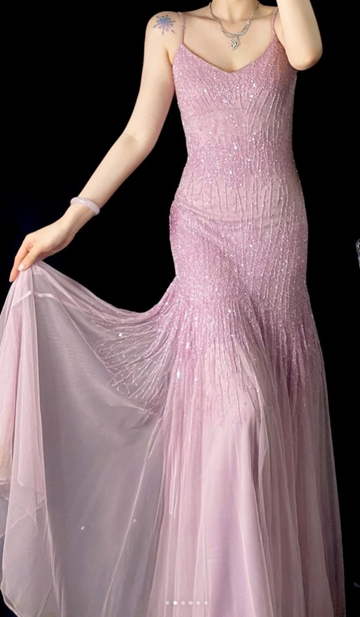 Niulatu Spaghetti Strap Sheath Pink Long Prom Dresses Chiffon Beaded Pink Long Formal Dresses HZ1026